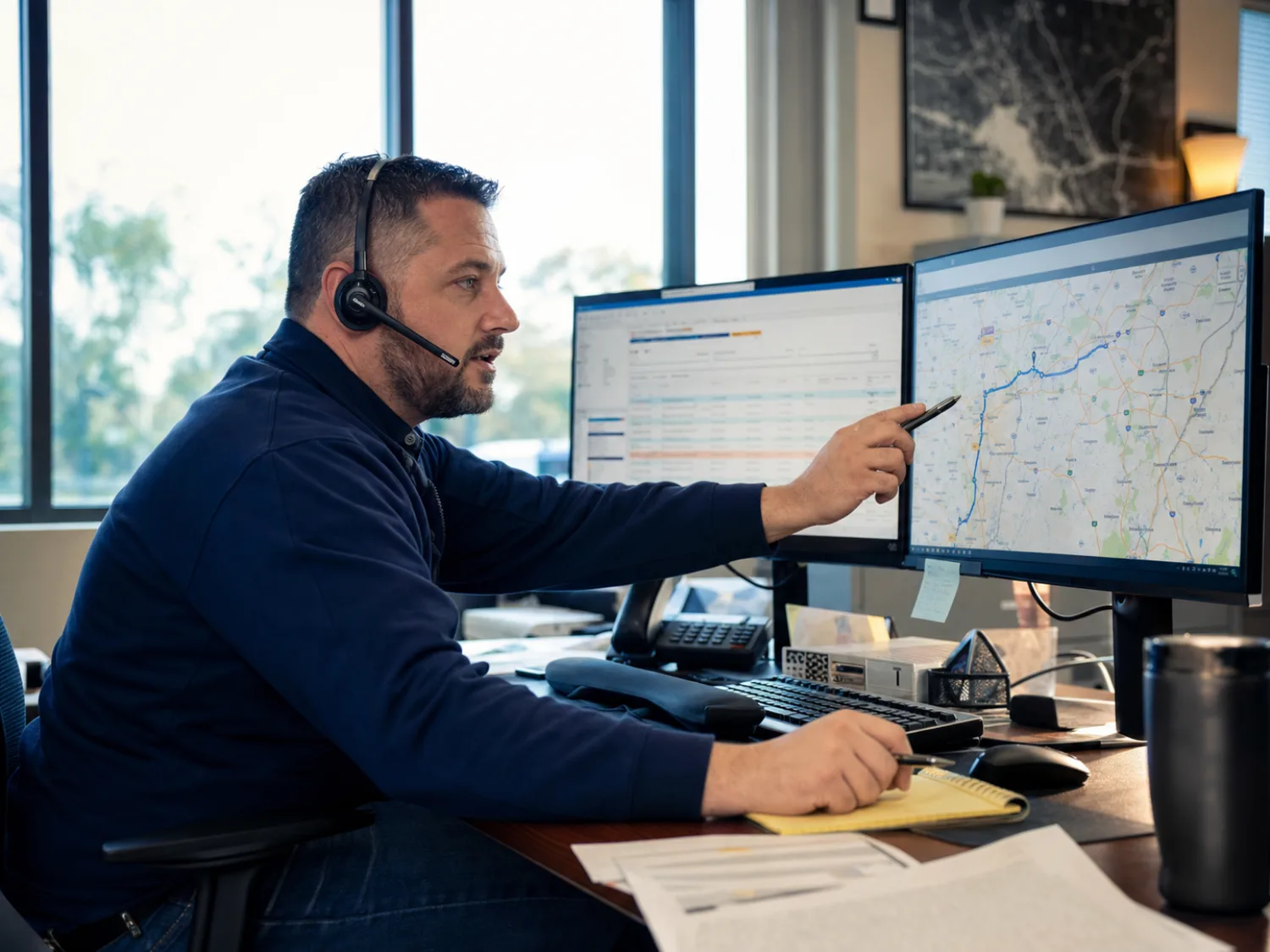 SMX dispatcher coordinating a route at a professional workstation