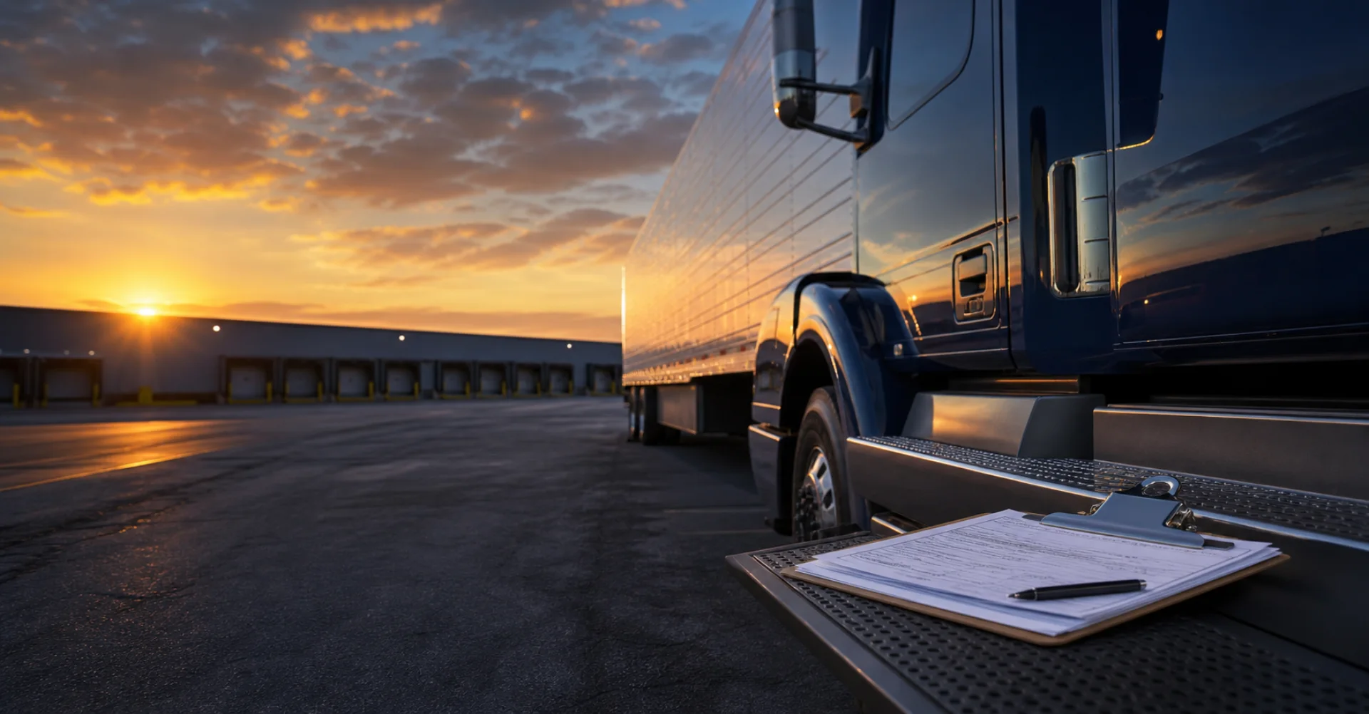 Semi-truck and carrier onboarding paperwork at a logistics terminal